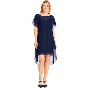 Adrianna Papell Navy Chiffon Overlay Sheath Dress XL High-Low Short Sleeve Elega